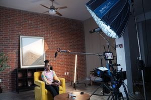 Nonprofit staff member being interviewed on camera inside Dlores Media Group's Plano video production studio