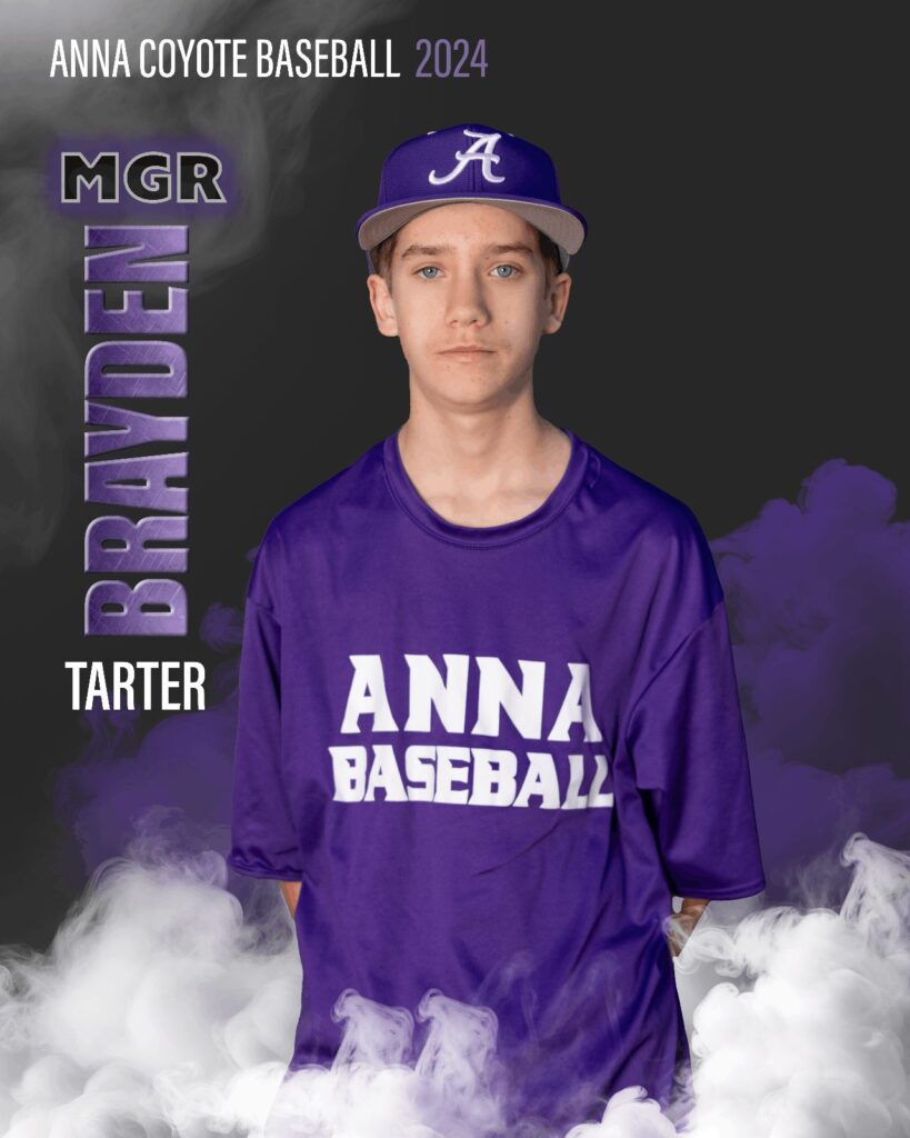 Baseball player in a purple Anna Baseball shirt and cap on a purple player card