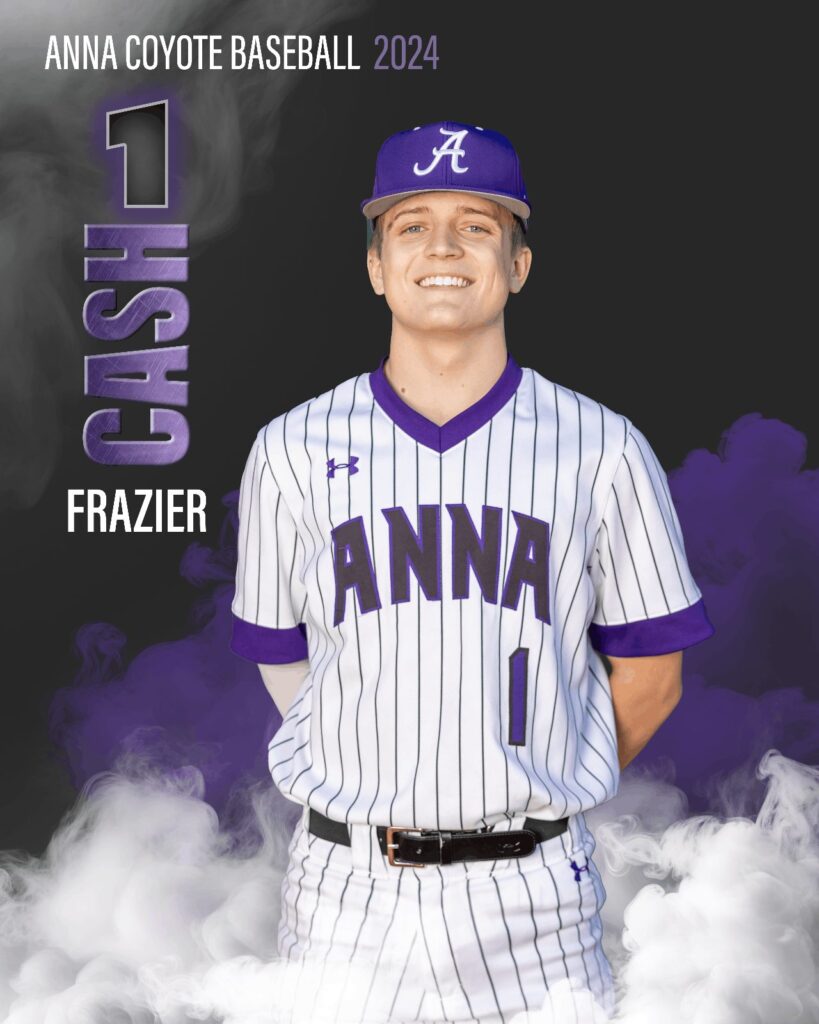 Baseball player in a pinstriped Anna uniform on a purple player card