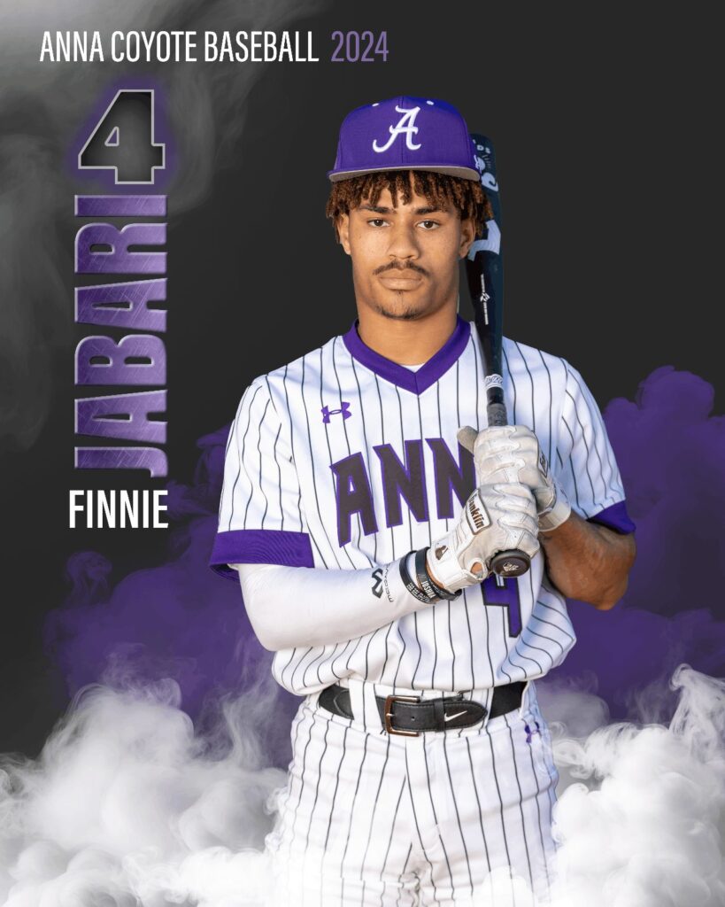 Baseball player in a pinstriped Anna uniform holding a bat on a purple player card