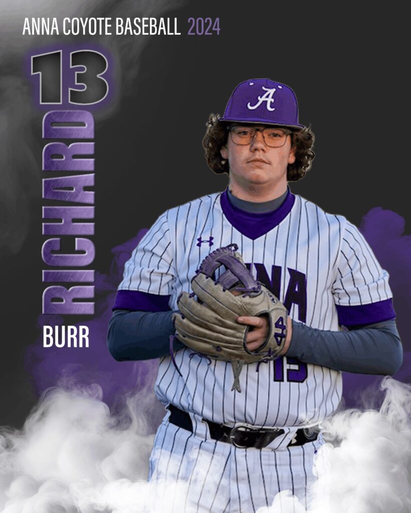 Baseball player in a pinstriped Anna uniform with a glove on a purple player card
