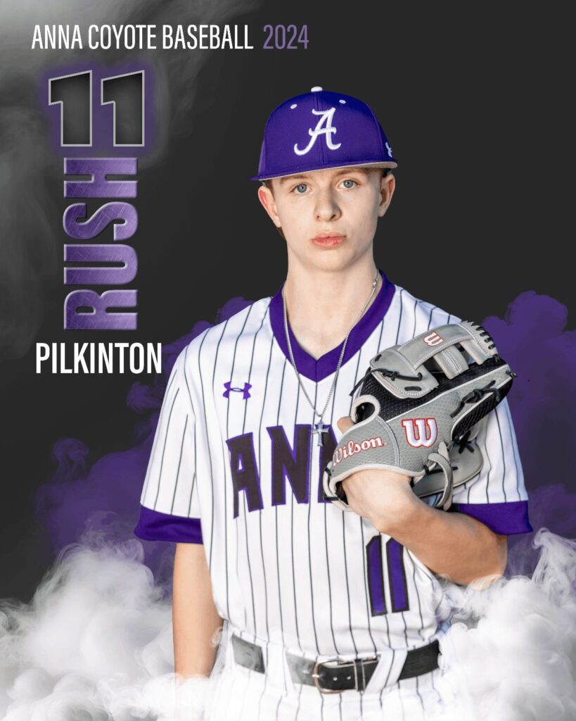 Baseball player in a pinstriped Anna uniform holding a glove on a purple player card