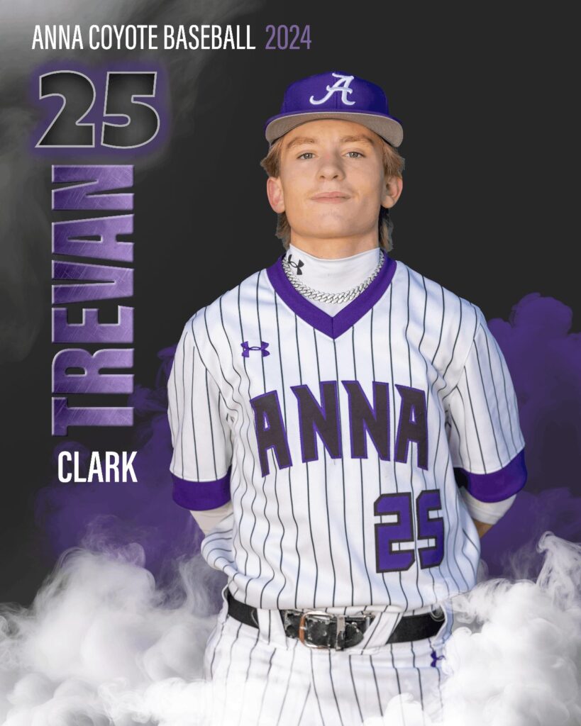 Baseball player in a pinstriped Anna uniform on a purple player card